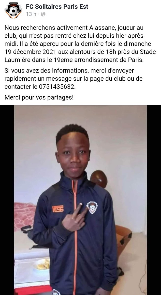 🚨 Plusieurs éducateurs et parents m'ont contacté pour relayer ce message concernant Alassane, jeune joueur du FC Solitaires, qui a disparu depuis le 19 décembre. 

Merci à tous de partager au maximum ce message et appeler le numéro indiqué si vous avez la moindre information !