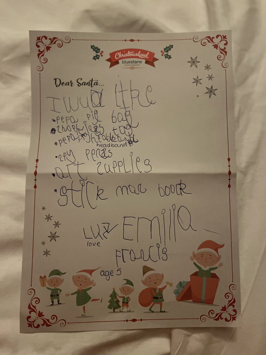 mrswelshfranco's tweet photo. @ReceptionTPS Emilia wanted you to see her letter to Santa. We are off to see the big man 🎅🏻 today and she’s so proud of what she’s achieved. @BluestoneWales #christmasland2021 https://t.co/YhVhdaasCn
