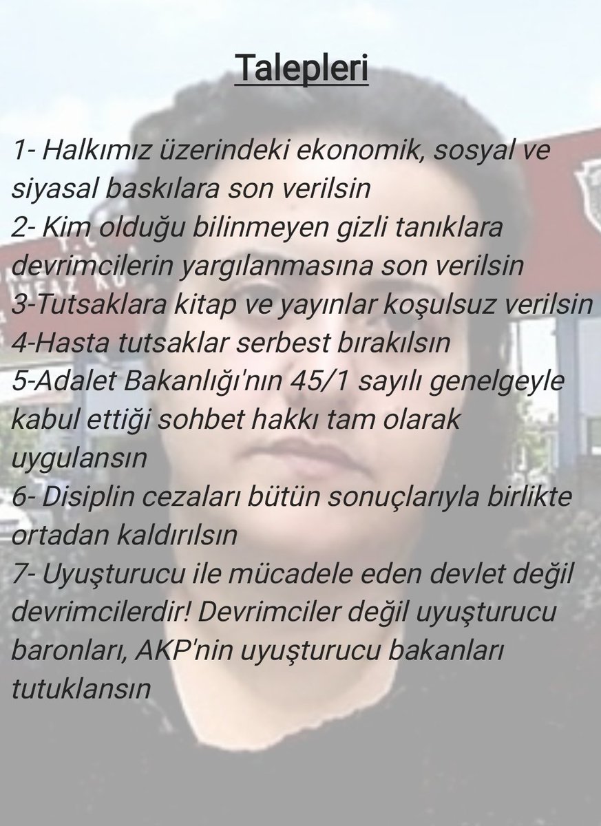 Ankara Sincan Kadın Kapalı Hapishanesi'nde Sibel Balaç isimli tutsak, 19 Aralık'ta ÖLÜM ORUCUNA başladı.

Tayad'lı Aileler'in aktardığına göre #SibelBalaç'ın talepleri şu şekilde: