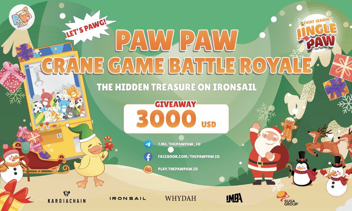 PawPaw_io's tweet photo. Let’s make PawPaw The Battle Royale Crane game into PAWG! Play and earn massive rewards! 
Earn $3000 for Welcome campaign before the Jingle Paw Season to help Santa!
Join the Gleam game NOW:
https://t.co/I8GHnYBJZE

$KAI #KAI #KRC20 #PawPaw #PAWG #Kardia #IronSail #Whydah https://t.co/l1XIimONFM