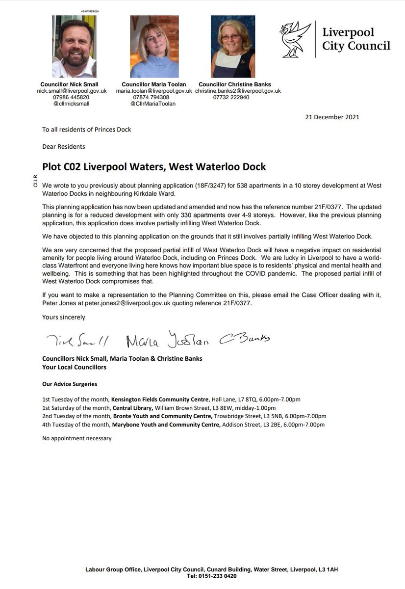 CllrNickSmall's tweet photo. Letter going out to Princes Dock residents about our continued opposition to the plans for Plot C02, Liverpool Waters in neighbouring Kirkdale ward, involving the partial infilling of West Waterloo Dock. Our blue spaces and industrial heritage needs to be protected. https://t.co/lqIN2JFcut