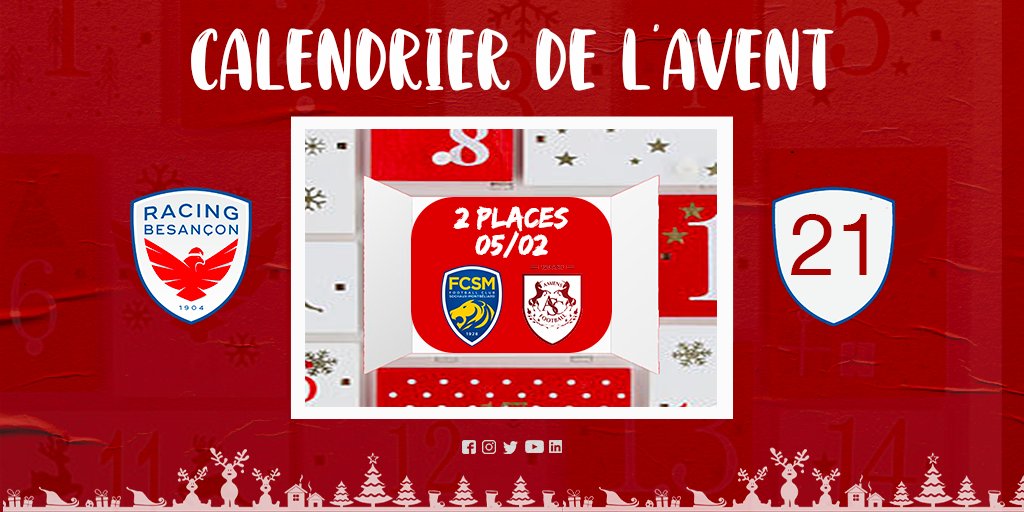 racing_besancon's tweet photo. 🔴🔵 Calendrier de l’avent du Racing Besançon🎄

2️⃣1️⃣ Jour 21 : Notre club partenaire, le @FCSM_officiel  vous offre 2 places pour leur rencontre de @Ligue2BKT les opposant au @AmiensSC le 02 février 2022 ! 🎟 

Pour participer :👇
✅ Follow 
👍 Like
🔄 RT

Tirage au sort à 18h❗️ https://t.co/ENTA6rKRQw