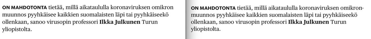 laalto_'s tweet photo. @HSfiDev Miksiköhän soft hyphenit eivät näy Hesarin webissä Chromella (vas) mutta Safarilla (oik) näkyy? Häiritseviä yhdys sana virheitä. Chrome 96.0.4664.110 (Official Build) (arm64), macOS 12.1. https://t.co/9tBOSCT8ye