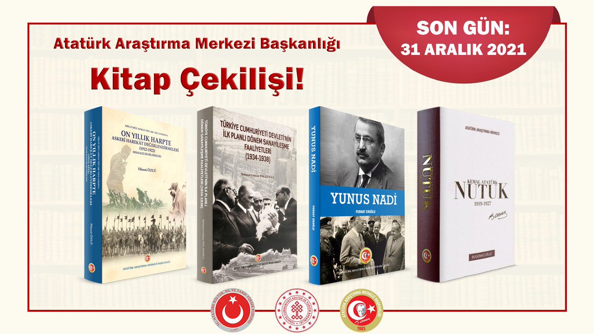 📢Atatürk Araştırma Merkezi Başkanlığı olarak 2021’in son çekilişini düzenliyoruz. 
📢Görselde yer alan 4 eseri 10 takipçimize hediye ediyoruz.
Katılım şartları👇
❗️Sayfamızı takip etmek.
❗️Gönderiyi RT etmek.
 Sonuçlar 2 Ocak’ta açıklanacaktır.