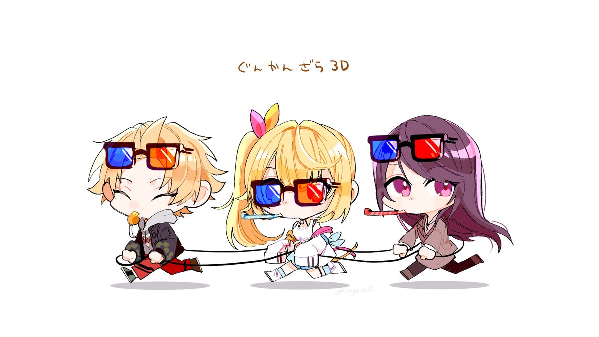 hoshikawa sara multiple girls 2girls blonde hair 1boy sunglasses chibi side ponytail  illustration images
