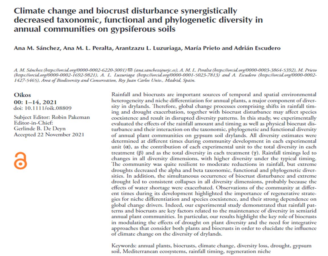 BiodiversosU's tweet photo. Enhorabuena a la #biodiversa @anaraucaria por su artículo publicado en @Oikos_Journal "Climate change and biocrust disturbance synergistically decreased taxonomic, functional and phylogenetic diversity in annual communities on gypsiferous soils"
https://t.co/4HoTT5MFvq https://t.co/cW0YKcK1Bd