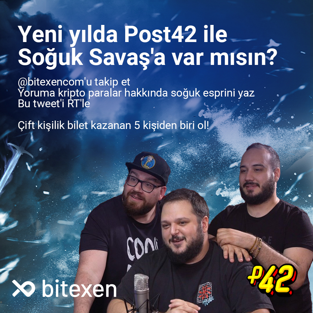 Yeni yılda @post42team ile #SoğukSavaş'a var mısın?

❄️Bizi takip et,
❄️Yoruma kripto paralar hakkında soğuk esprini yaz,
❄️Bu tweet'i RT'le,

28 Aralık'ta gerçekleşecek etkinliğe çift kişilik bilet kazanan 5 kişiden biri ol, esprini sahnede ekibe sor!

➡️bit.ly/3EgePFG