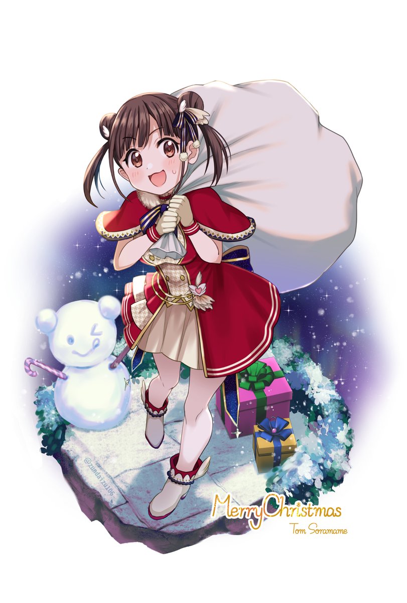 sonoda chiyoko 1girl double bun brown hair hair bun twintails solo snowman  illustration images