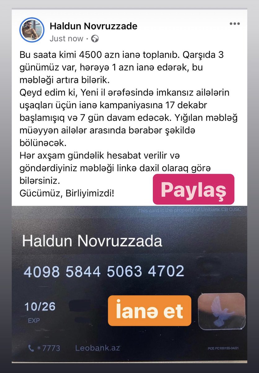 HalduNovruzzade's tweet photo. Paylaşın daha çox adam dəstək olsun.
Bugunə kimi yığılan məbləğ 4500 azn.
#rt #paylash https://t.co/EVQiT7hjdm