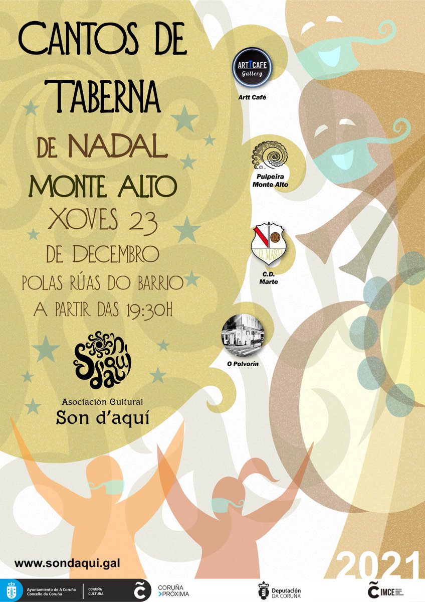 Este Nadal voltan os Cantos de Taberna a Monte Alto!😃🎉
O vindeiro xoves 23 regresaremos ás tabernas e bares do barrio a cantar e celebrar as festas con todas e todos vos!.🎶
A partir das 19:30 faremos un percorrido comezando no Art Café. 
Agora xa sabedes, vide cantar!!😄🎶🎉