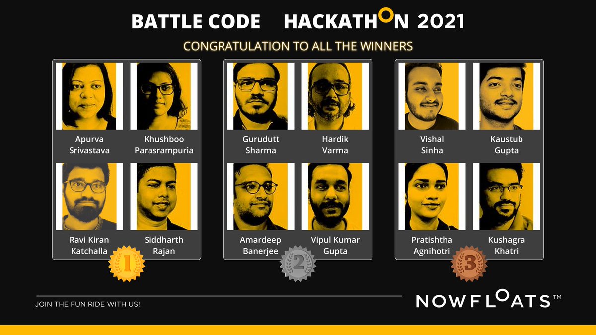 NowFloats's tweet photo. We’ve seen some of the most innovative ideas during this year’s NowFloats Battle Code Hackathon 2021! Congratulations to the teams that cracked the code and came out as winners.
1. Access Denied
2. Marketing Mafia
3. Navis Vela

#nowfloats #nfall #engineers #hackathon #battlecode https://t.co/k0E43fHU11