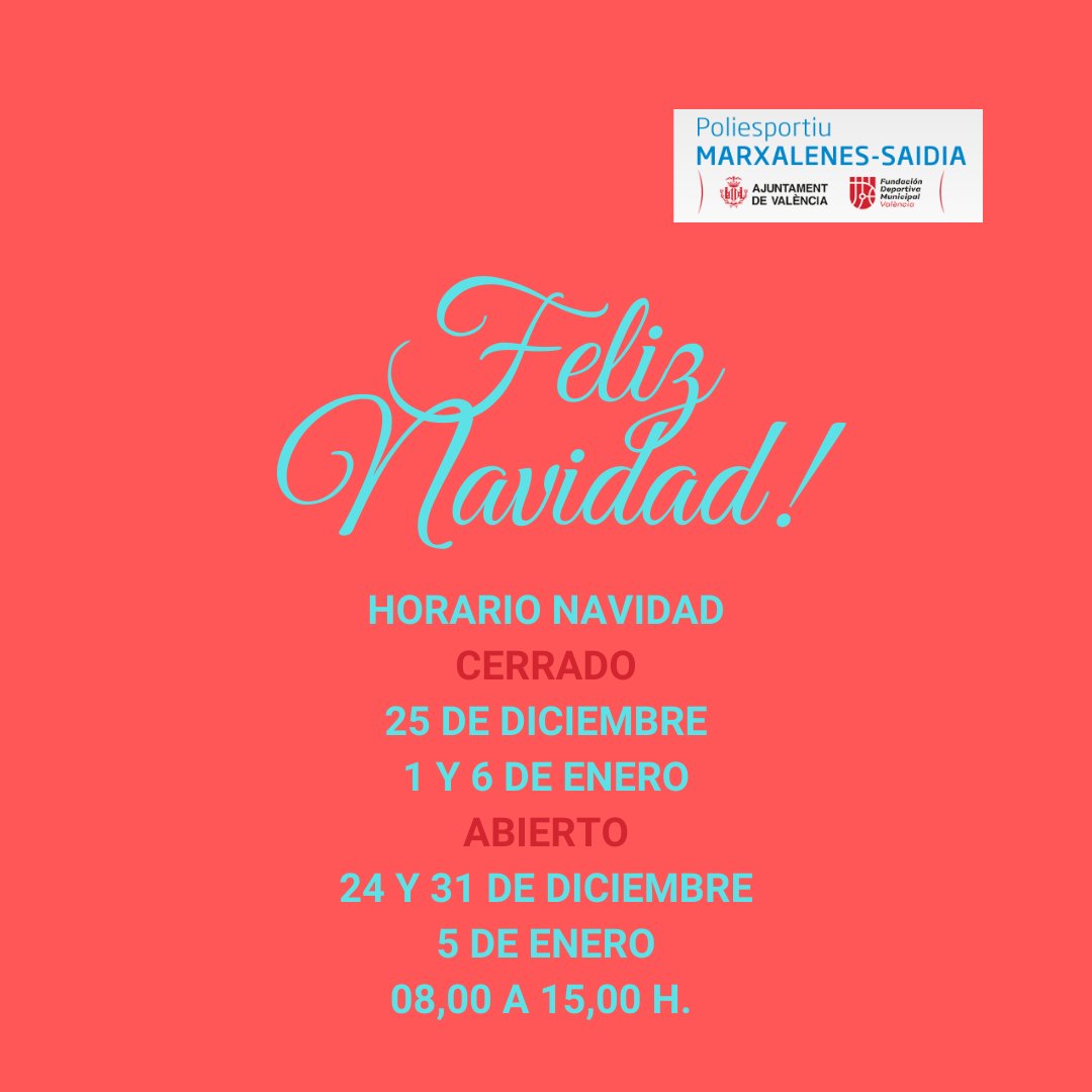 polimarxalenes's tweet photo. HORARIO ESPECIAL NAVIDAD @PoliMarxalenes
#feliznavidad #marxalenes 🎄‼️
__
POLIDEPORTIVO MARXALENES
📍 C / Just Ramírez s/n
📞 963 400 490
🌐 https://t.co/1Rn932kmdb https://t.co/F7OnohjgYb