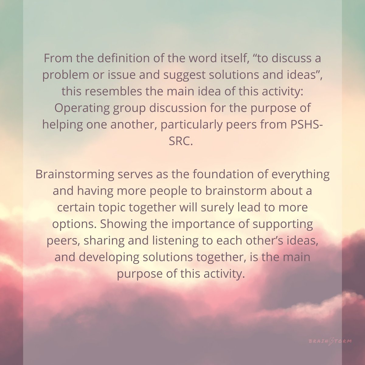 brainstorm_src's tweet photo. Hey Stormies ✨, welcome to the official twitter account of Brainstorm! 

Brainstorm⚡️ is a youth-led organization for a SCALE activity with the goal of peer facilitating students from the Philippine Science High School – SOCCSKSARGEN Region Campus, https://t.co/535FWCiejf