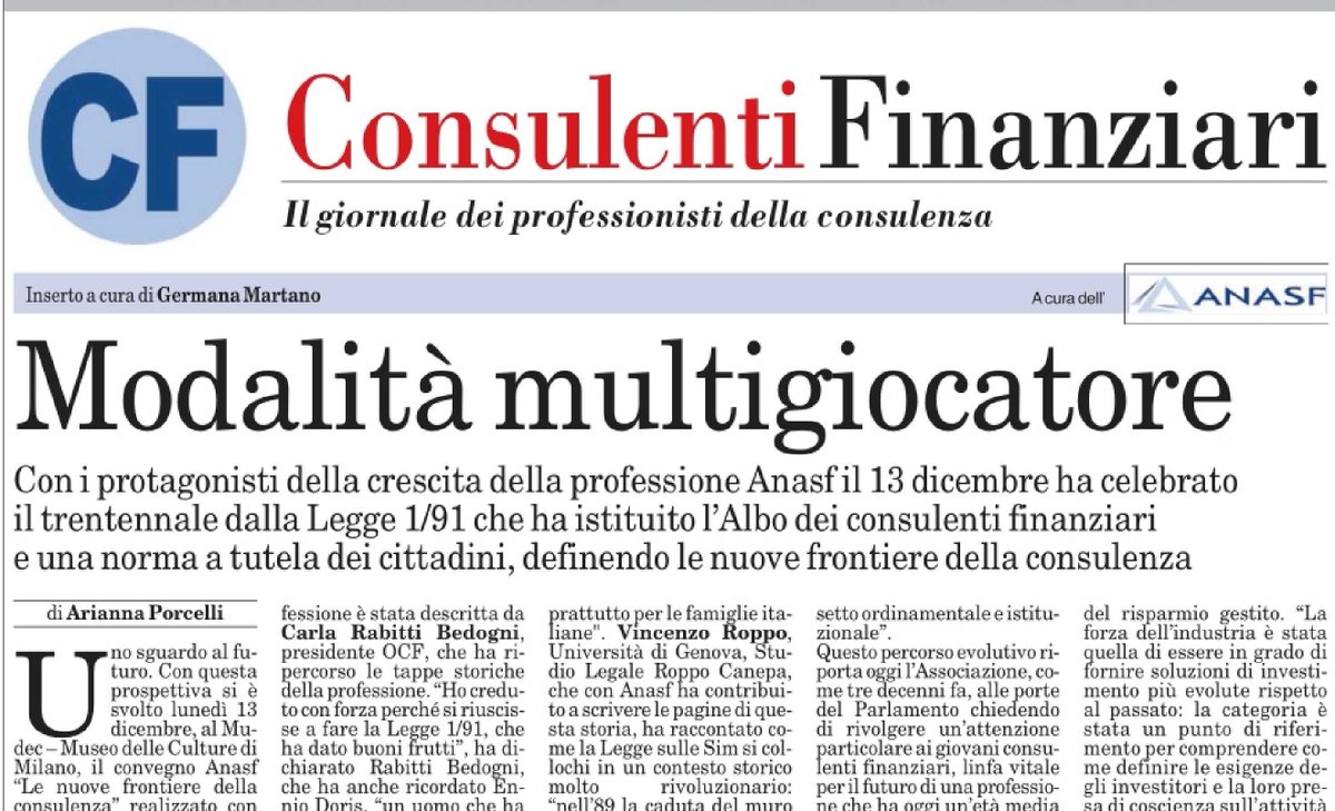 #Anasf ha celebrato, il 13 dicembre, il trentennale dalla Legge 1/91 che ha istituito la nascita dell’Albo dei #consulentifinanziari e una norma a tutela dei cittadini, definendo le nuove frontiere della consulenza. Leggi su #CF <a href="/MilanoFinanza/">MilanoFinanza</a> i dettagli anasf.it/documento/4070