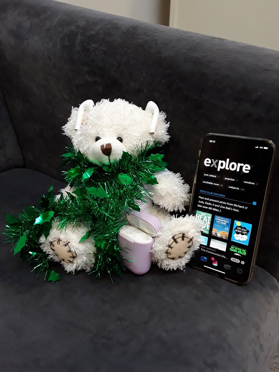 #Day21 of Lenny's Advent-ures.  Today #LennyTheLibraryBear is taking some me time by reading his favourite Christmas story on the Libby app.  There are no late fees to worry about Lenny, as Libby automatically returns the e-book for you, so you can just relax and read. #Libby