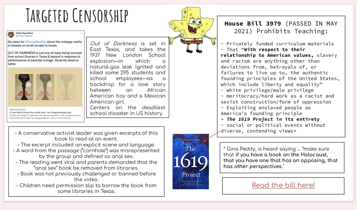 Miss Moody Lilac. Children's Studies final presentation slide. Texas SpongeBob. 1619 project. Targeted Censorship. Out of Darkness. House Bill 3979.