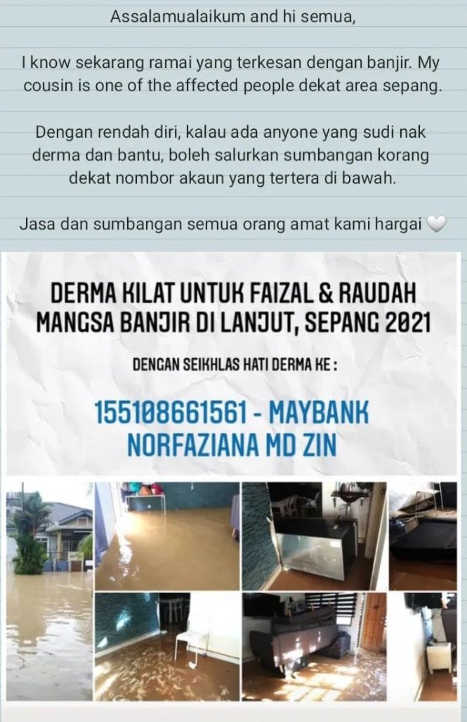 joshualoverclub's tweet photo. hello everyone, my cousin is one of those who are affected by heavy rain and flood in our area, humbly asking everyone to kindly donate to rebuild and refurnish his house again thank you very much, please help rt too 😔 #daruratbanjir https://t.co/zZcSvY0Cil