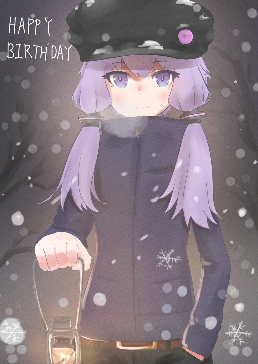 yuzuki yukari 1girl solo purple hair snowing lantern holding hat  illustration images