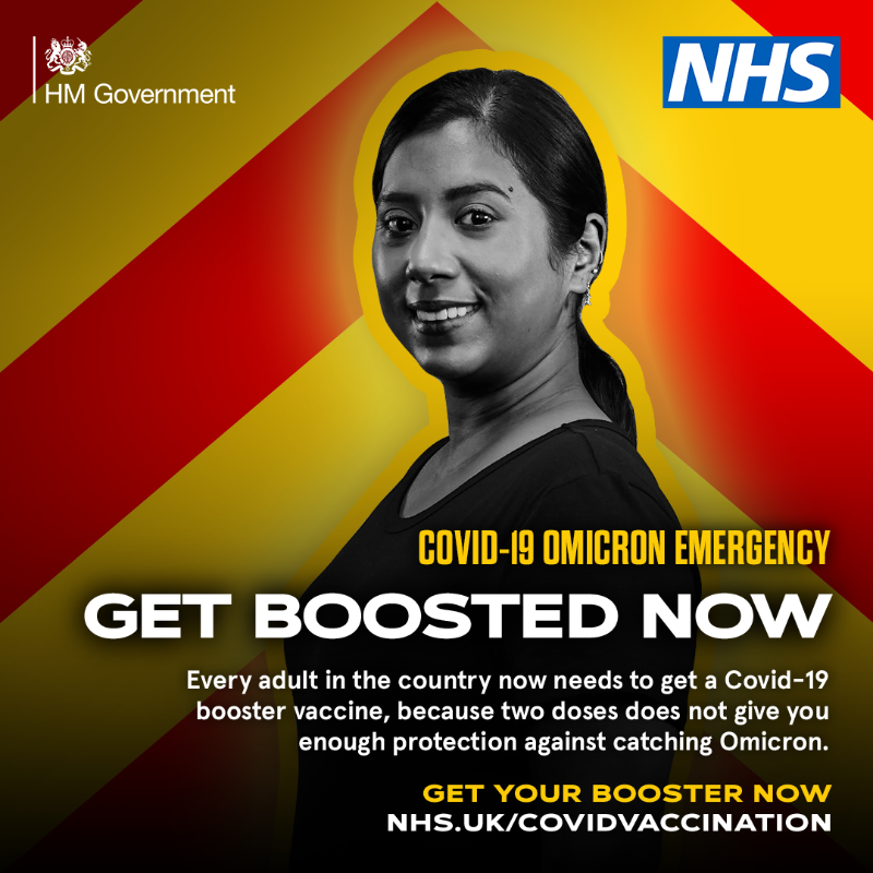 NHSuk's tweet photo. Every adult in the country now needs to get a Covid-19 booster vaccine, because two doses does not give you enough protection against catching Omicron.