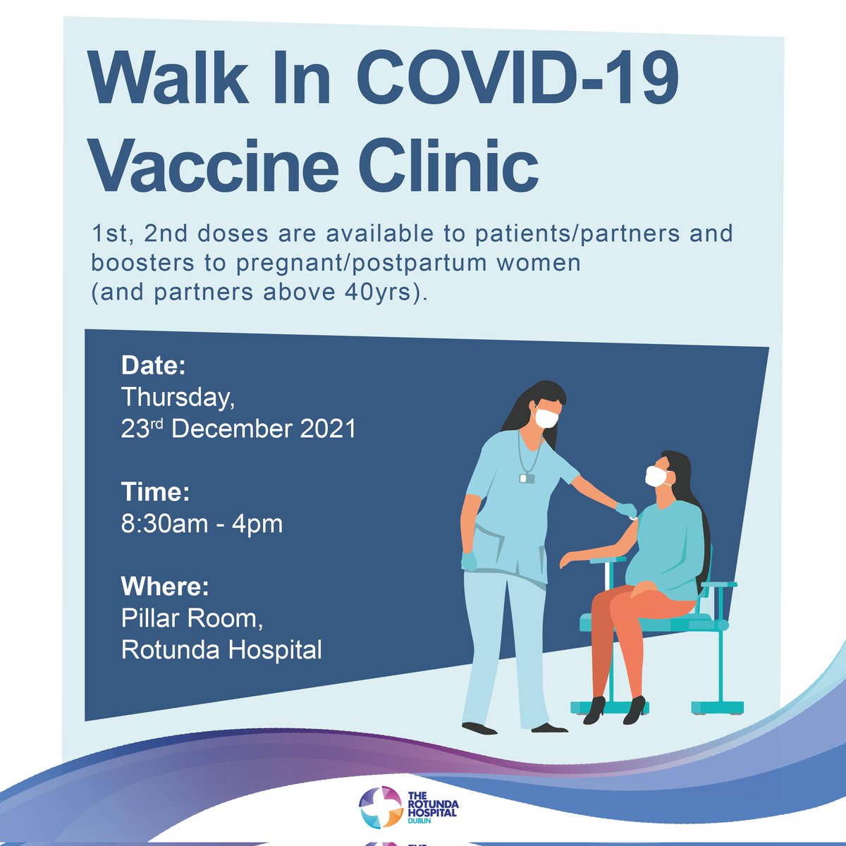 RotundaHospital's tweet image. Pop-up vaccination clinic onsite in The Rotunda this Thursday 8:30-4:00. Our @HSELive colleagues will be giving 1st, 2nd doses to patients &amp;amp; partners, and boosters to pregnant/postpartum women (and partners above 40yrs).