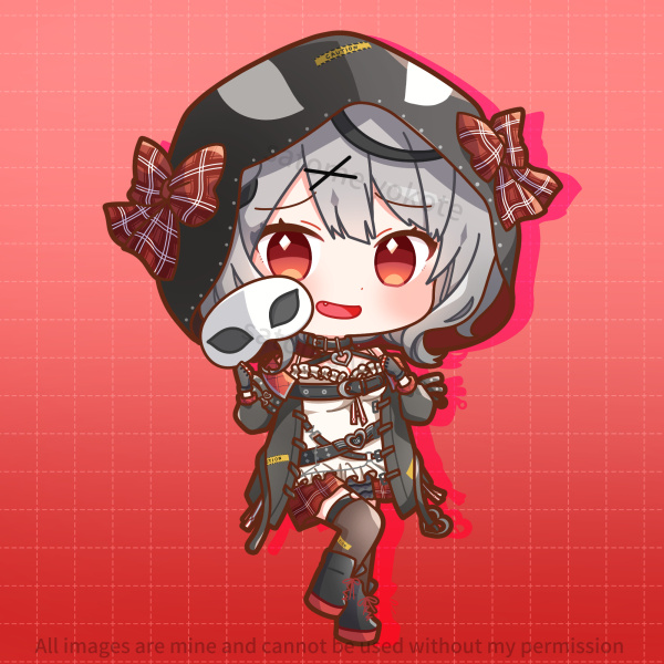 sakamata chloe 1girl solo chibi plaid holding mask grey hair red eyes  illustration images