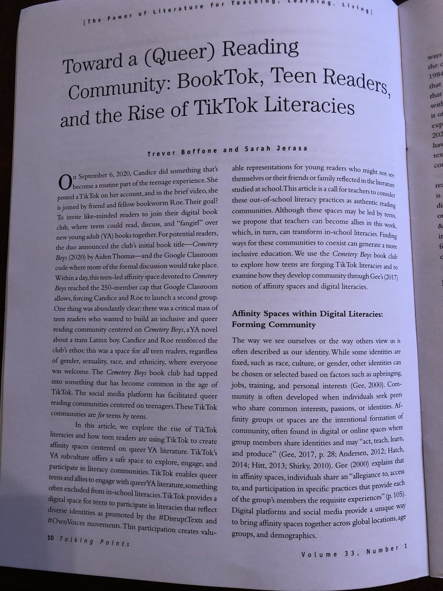 So happy to share that <a href="/TrevorBoffone/">Trevor Boffone</a> and I finally have our #booktok article out in <a href="/ncte/">National Council of Teachers of English (NCTE)</a> talking points journal where we discuss how tiktok serves as a powerful reading community and affinity space for queer and teen readers. It’s a great piece to check out!