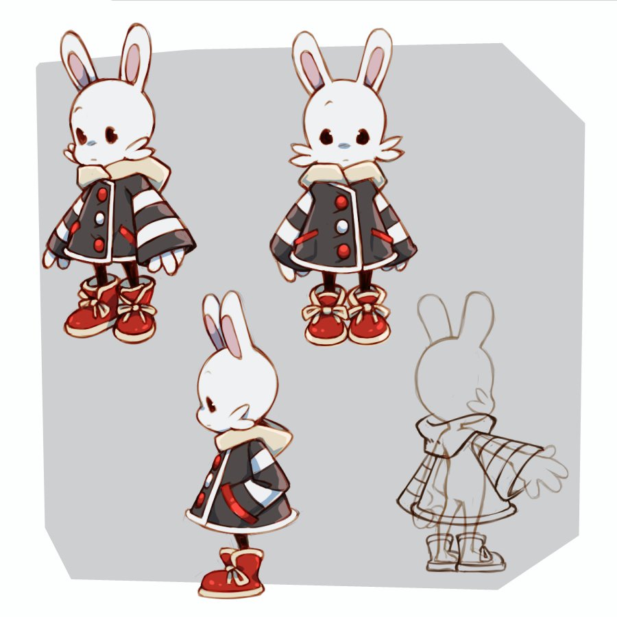 rabbit grey background black eyes red footwear multiple views standing hood  illustration images