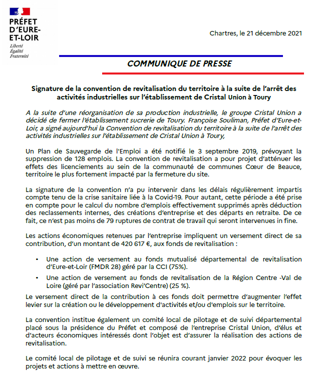Prefet28's tweet photo. Communiqué de presse relatif à la signature de la #convention de la revitalisation du territoire à la suite de l’arrêt des activités industrielles sur l’établissement de #CristalUnion à #Toury. https://t.co/Y2bZ9RHSFp