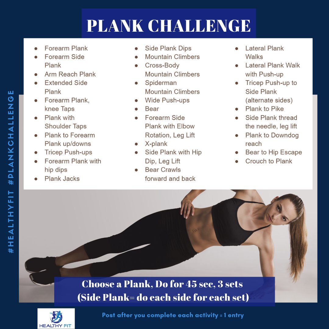 This week's fun challenge is a plank challenge!

Try a different one each day to strengthen your core 360-degrees.
Options:
-Use a wall or chair
-Knees down
-on your toes

#plankchallenge #justplankit #healthyfitchallegne
