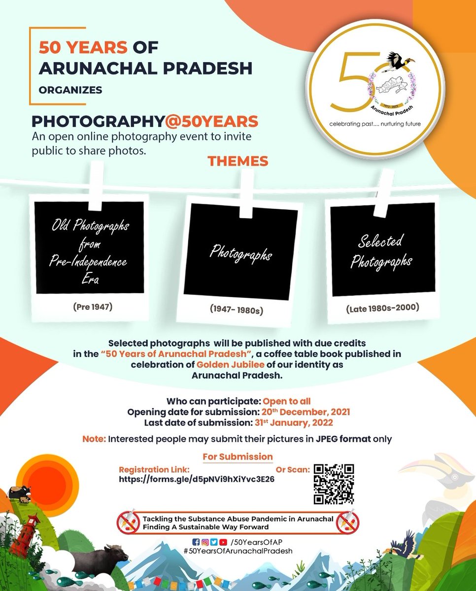 More details on the “Open Online Photography Event”

Let’s celebrate the 50th Glorious year of Arunachal Pradesh!!

#50YearsofAP #GoAP #ArunachalTourism #Photographyevent