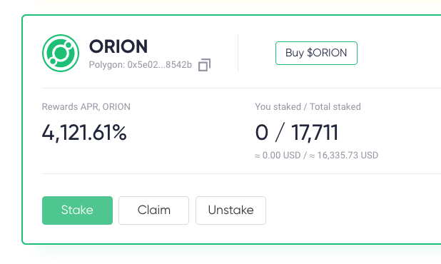 orionstaking's tweet photo. $ORION single asset staking live on @0xPolygon at https://t.co/Ms4Sg5lzRb🎉

Bridge your $ORIONs with https://t.co/plbJpg5u8X to Polygon and stake for nice rewards! 💸

How to bridge post: https://t.co/o2nJlhH4mo https://t.co/c0HbuVUF5w