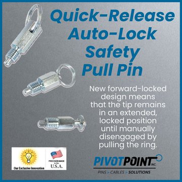 OfficialLinkMag's tweet image. Check out Pivot Point's new Quick-Release Auto-Lock Safety Pull Pin featuring a retractable tip that locks into an extended (forward) position automatically. 
Watch video for more info: bit.ly/31JCvoI 
@PivotPointPins

#PullPin #LockingPins #fasteners #fastenernews