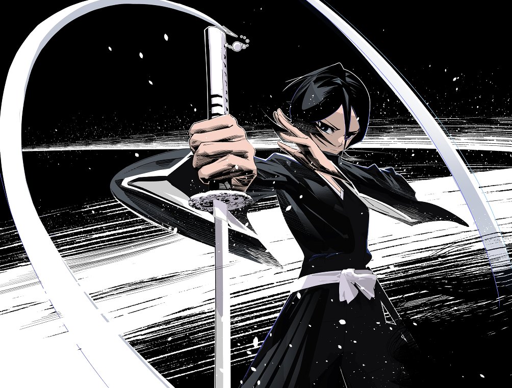 kuchiki rukia weapon 1girl sword black hair solo holding japanese clothes  illustration images