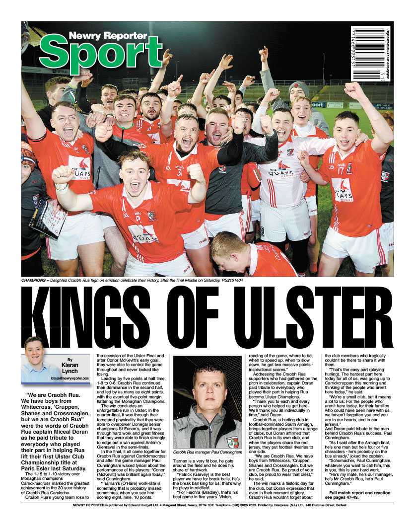 This week’s back page: Kings of Ulster - @Craobh_Rua hurlers are crowned @UlsterGAA Junior Club Champions with a brilliant display against Carrickmacross