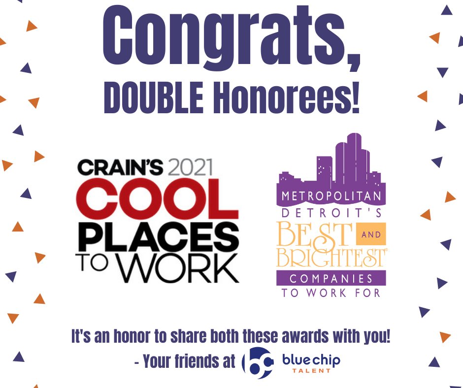 bluechiptalent's tweet photo. Special congratulations and shoutout to these fellow DOUBLE award winners of @crainsdetroit Cool Places to Work and @101Best: @arrowstrat, @austinbenefits, and @BurnsMcDonnell! Awesome job! #coolplacestowork #THEBB https://t.co/NX6D4FR4PO