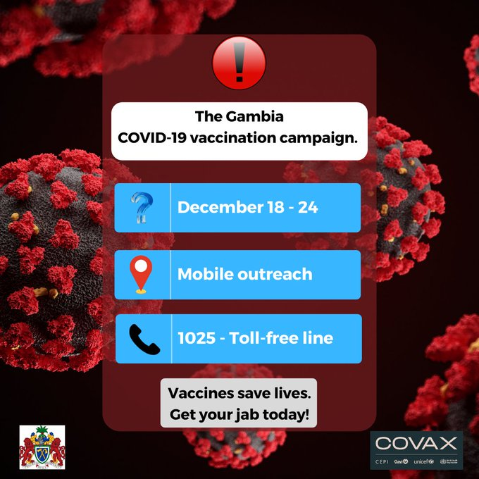 GambianY's tweet photo. Ministry of Health is conducting a #COVID19 vaccination campaign from December 18th to 24th. Get your jab from any of the mobile vaccination teams in Banjul, KM &amp; West Coast Region.
Don't miss the opportunity to protect yourself and your family! #Gambia https://t.co/FAac7MmI2D