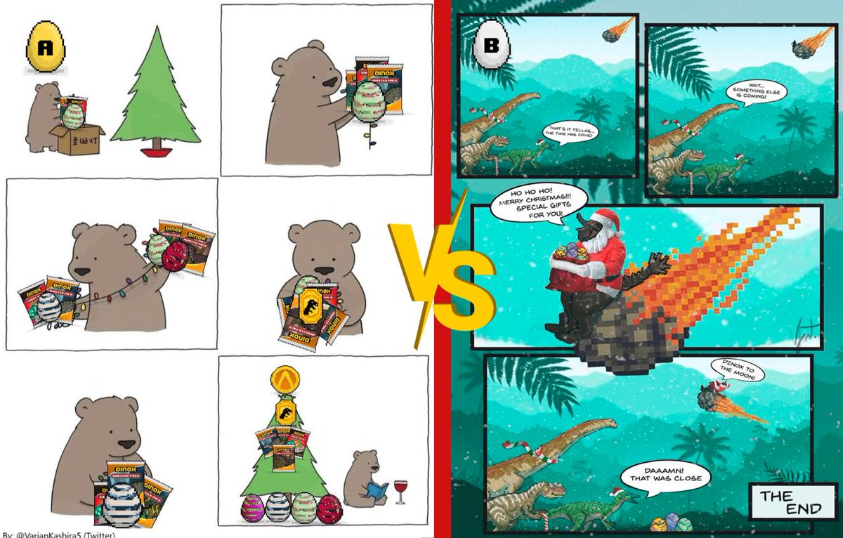 XDinopia's tweet photo. 🦖🎄DinoX Christmas Meme vs Meme Contest🎄🦖

DinoX Fam, vote for your favorite between the two memes here. The winner will get a Gen 1 Egg!🐣

Let the best meme win!!

*The Poll is in the comments. Either choose meme "A" (left) or meme "B" (right).

#NFT #NFTGame #MemeContest https://t.co/OAtZa2zixZ