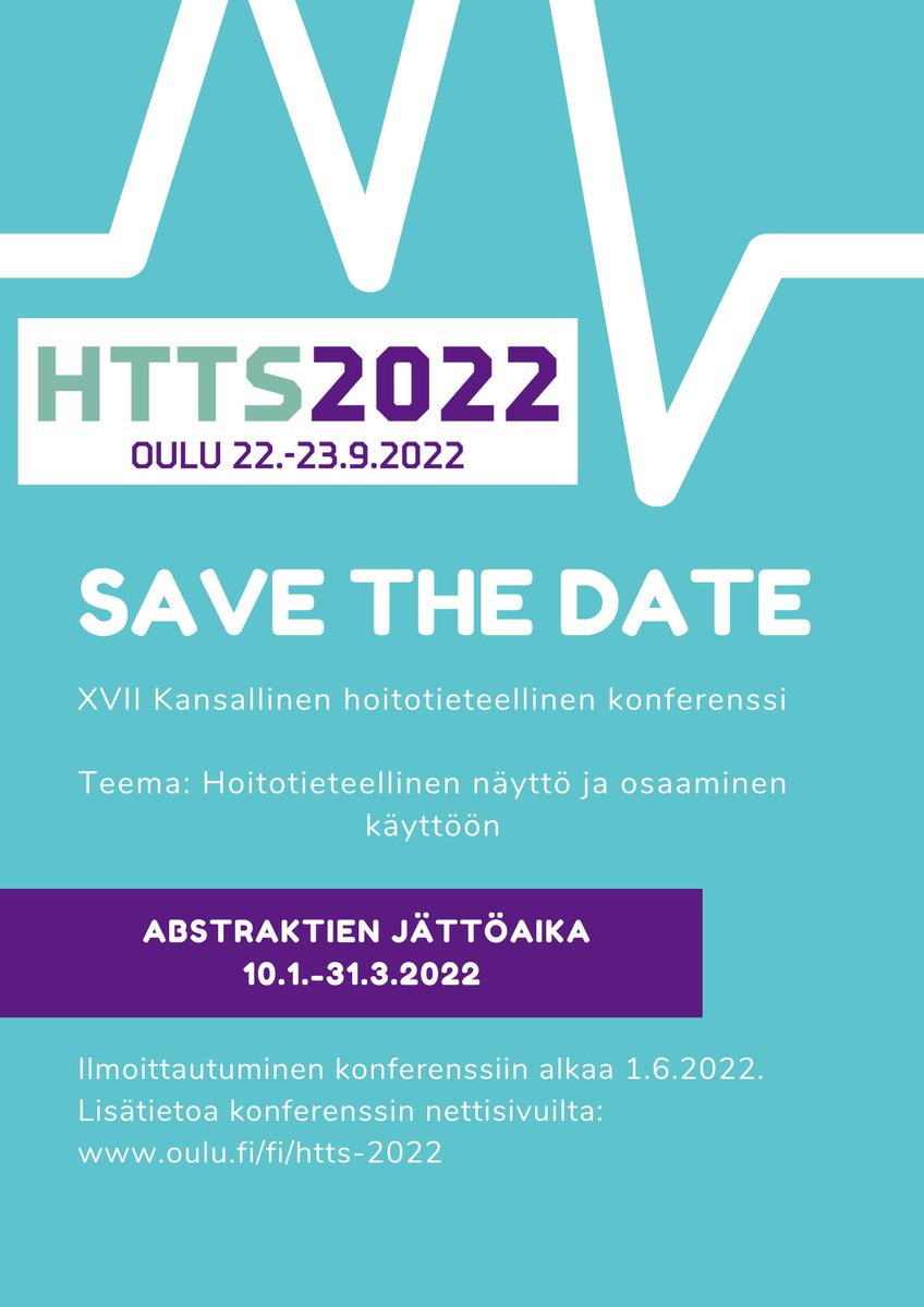 HST_OY's tweet photo. XVII kansallinen hoitotieteellinen konferenssi järjestetään Oulussa 22.-23.9.2022. Tule esittelemään omaa tutkimustasi tai kehittämishankettasi sekä verkostoitumaan!    
Mahdollisuus tiivistelmien jättämiselle avautuu 10.1.2022 nettisivuillamme: https://t.co/lm1fafVKg0
#HTTS2022 https://t.co/SO1w3oKgG8