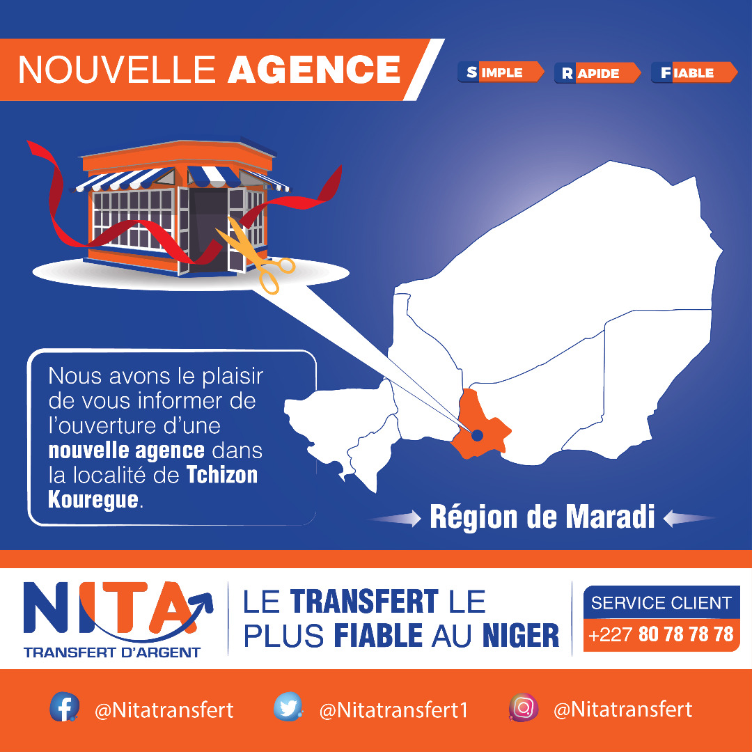 [ #NouvelleAgence ] 
Une nouvelle agence pour la région de Maradi, la population de Tchizon Kouregue accueille une nouvelle agence pour faciliter les opérations dans la localité.
Service clients : +227.80787878, disponible sur WhatsApp.
#Nita, le Transfert le plus fiable au Niger