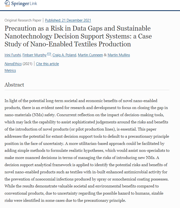 EmergTechEthics's tweet photo. Just published🎉

Precaution as a Risk in Data Gaps &amp; Sustainable Nanotechnology Decision Support Systems: a Case Study of Nano-Enabled Textiles Production
by @IriniF2 et al

#Nano #Nanomaterials #Precaution #Risk #Ethics 
@SpringerNature @EmergingRisk_UL

https://t.co/u9aYcUXTLj https://t.co/SpsC8eLg87