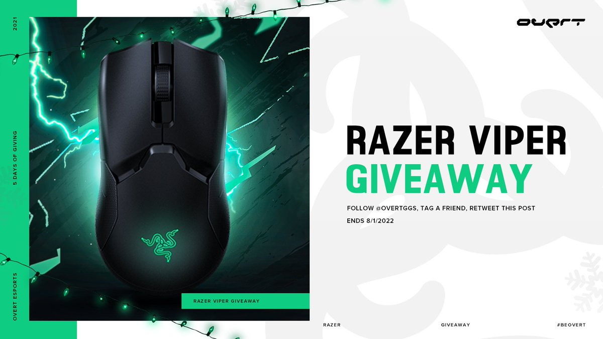 OvertGGs's tweet photo. For day 1 of our 5 days of giving, we are giving away a Razer Viper!

To Enter:

👤 Follow @OvertGGs
🔁 Retweet this post
👥 Tag a friend

Giveaway ends on 8/1/2022 https://t.co/D0LicPNDTG