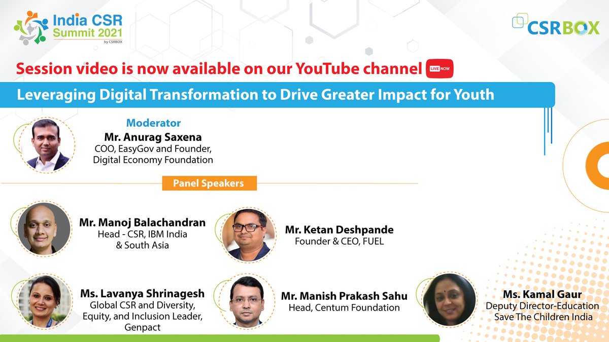 csrboxorg's tweet photo. Watch a rich discussion on " Leveraging Digital Transformation to Drive Greater Impact for Youth" (Powered by Friends Union For Energising Lives (FUEL)
To watch the session's video, visit: https://t.co/zc3glpMvCJ
#ics2021 #indiacsrsummit @ibm_in @ketanfuel https://t.co/CRwcACOXb3