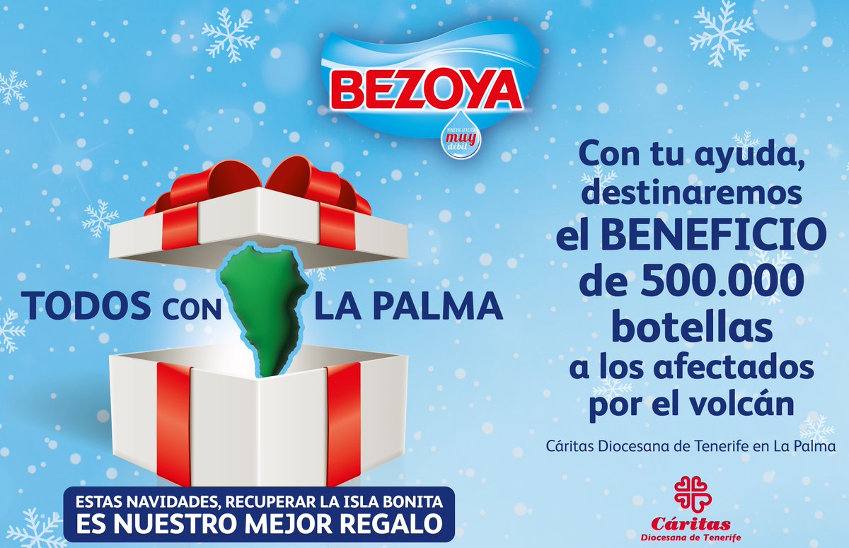 Pascual's tweet photo. Nuestra marca @Bezoya vuelve a #DarLoMejor cuando más se la necesita y donará estas Navidades, en colaboración con @CaritasTenerife, el equivalente al beneficio de la venta de medio millón de botellas de agua para ayudar a los afectados por la erupción del volcán de La Palma. 👇 https://t.co/qJC5SlEEeA