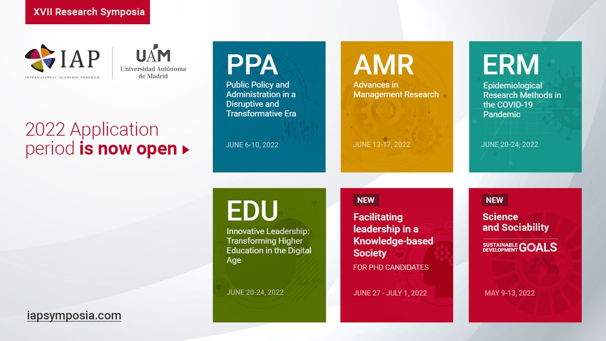 IAPSymposia's tweet photo. Estas son las fechas de la XVII convocatoria IAP Research Symposia. El plazo para realizar las inscripciones ya está abierto.

Todos los detalles en nuestra web: https://t.co/qooBAkRPm0  ¡Te esperamos!

@UAM_Madrid @AlumniUAM Fundación @AsisaSalud @IAPSymposia https://t.co/A4pY63ss77