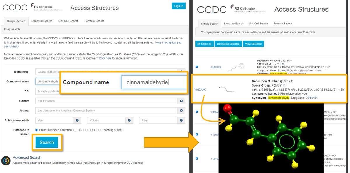 ccdc_cambridge's tweet photo. For a festive smell, you can search for “cinnamaldehyde” in Access Structures. Write the name in the compound name field. In which ingredient can you find this molecule? Search the CSD: https://t.co/MataXdExpx #CSDTopTipTuesday on CSD Entry YADJUK #chemtwitter #edchat #scichat https://t.co/HyZgUDFjCw
