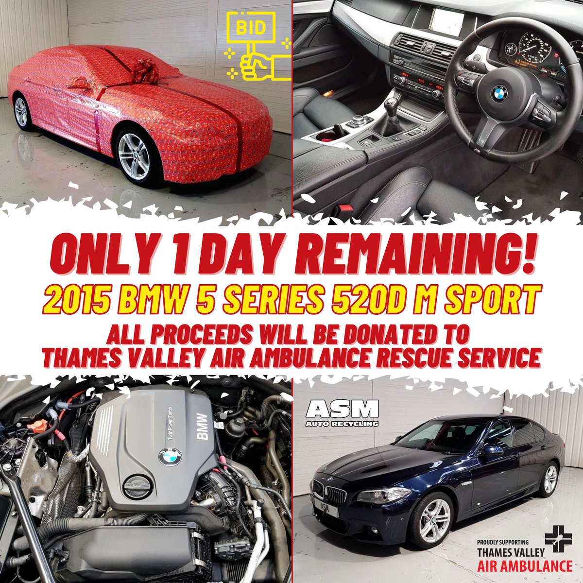 Get Bidding Now!

🔗 auctions.asm-autos.co.uk/auction/items/…

Just one day left 🎅👍 🎁 🎄 ❄ 🌟 🚗

⭐<a href="/TVAirAmb/">Thames Valley Air Ambulance</a>⭐

#onlineauction #charityauction #charitycar #BMW5Series #thamesvalleyairambulance #christmastime #christmasgoodwill
#2015bmw5series520dmsport #bidnow #donate