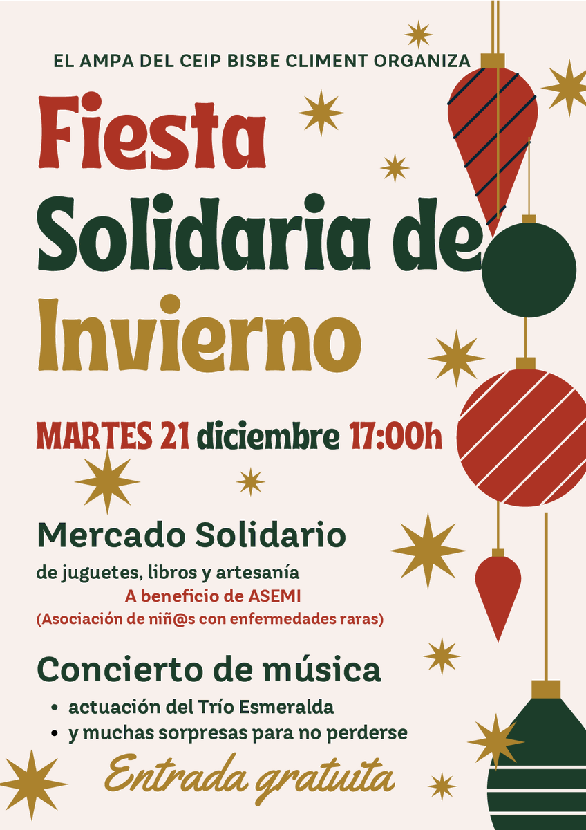FAMPACS's tweet photo. El AMPA del CEIP Bisbe Climent organiza una fiesta solidaria en beneficio de la #ASEMICV (Asociación de niños con enfermedades raras) esta tarde 🕐 a las 17 h. Actuará el trío Esmeralda 🎵 y habrá muchas sorpresas más 🥳 https://t.co/RYXuSCQDCe