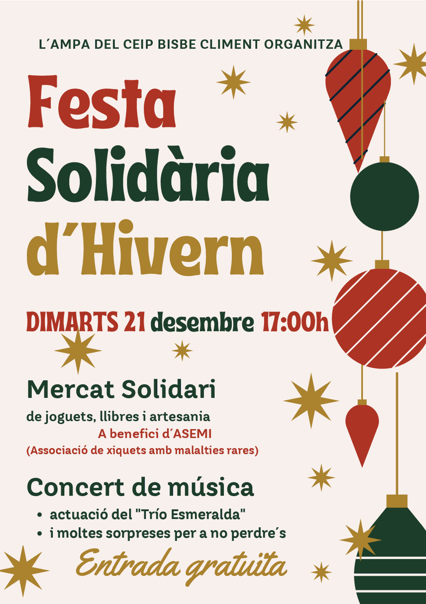 FAMPACS's tweet photo. L'AMPA del CEIP Bisbe Climent organitza una festa solidària a benefici de l' #ASEMICV (Associació de xiquets amb malalties rares) aquesta vesprada 🕐 a les 17 h. Actuarà el trio Esmeralda 🎵 i hi haurà moltes sorpreses més 🥳 https://t.co/BvivOmJ09z