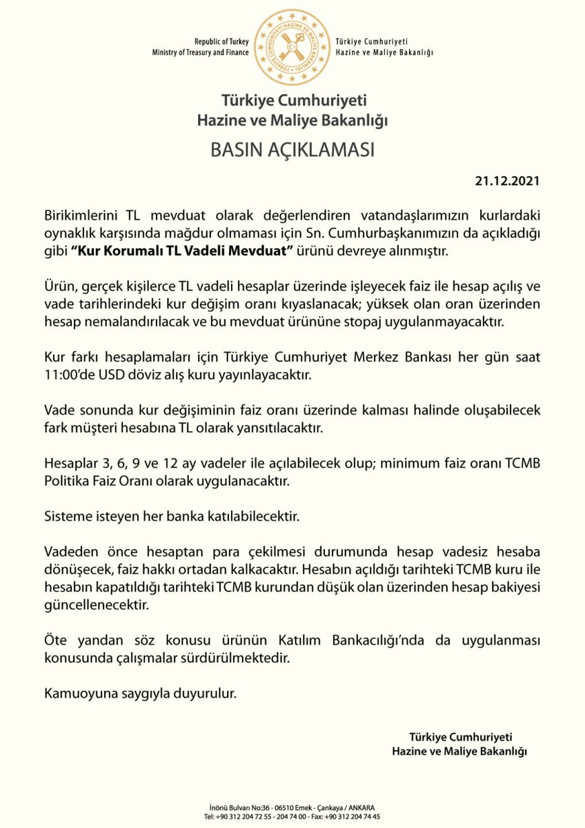 Cumhurbaşkanı Erdoğan'ın dün akşam açıklamış olduğu "Kur Korumalı TL Vadeli Mevduat" ürününün detayları