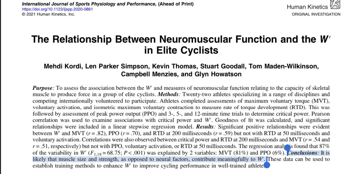 “MVT and PPO are strong predictors of W′, it is likely that muscle size and strength, as opposed to fiber type and neural factors, contribute meaningfully to W′”
